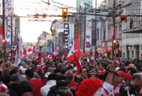 Crowd in downtown Vancouver Celebrating Canada's Hockey Victory