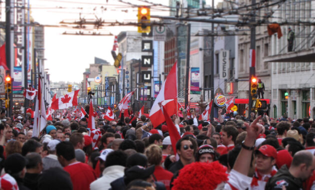 Crowd in downtown Vancouver Celebrating Canada's Hockey Victory