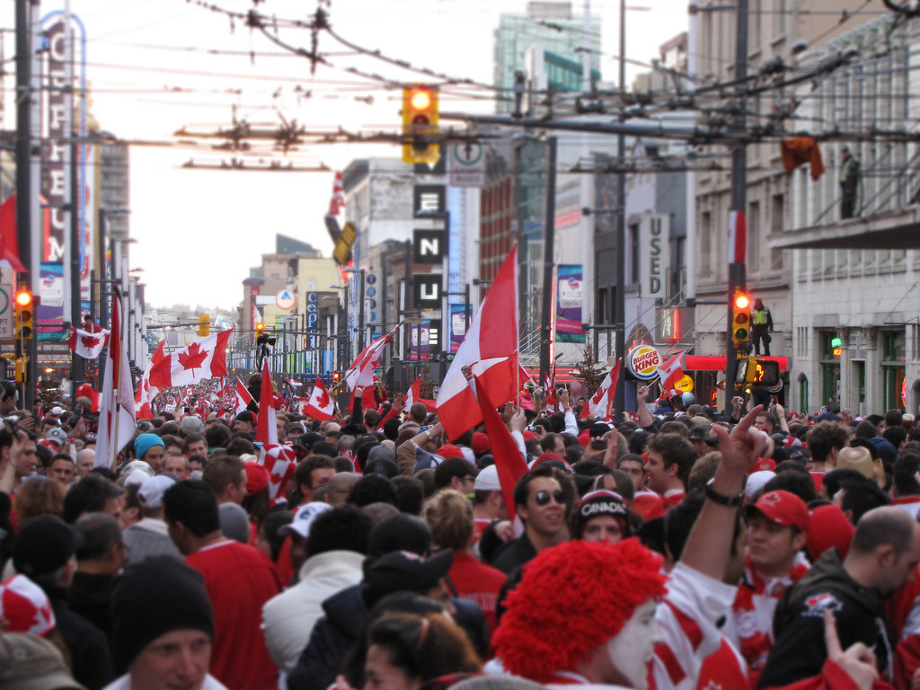 Crowd in downtown Vancouver Celebrating Canada's Hockey Victory