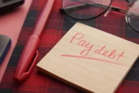 a note that says pay debt next to a pen and glasses